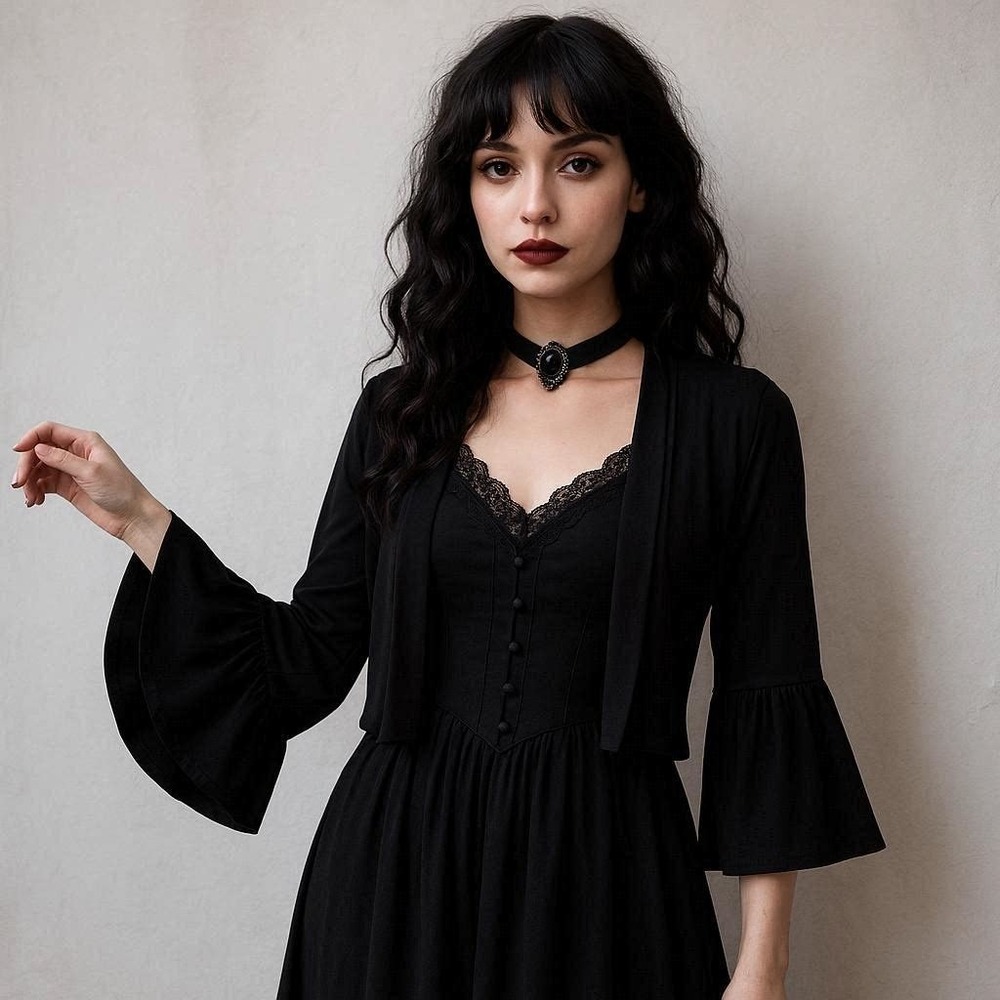 Whimsigoth Gothic Victorian Romantic Dark Academia L Black Bell Sleeve Shrug